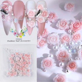 Flower Nail Charms, 50PCS 3D Flower Nail Art Pink Resin Flower Nail Gems Acrylic Rose Spring Nail Art Design Manicure DIY Nail Decoration for Women Girls