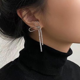 Bow Earrings for Women Rhinestone Bow Ribbon Earring Long Linear Tassels Earrings Bow Dangle Drop Earrings for Women Christmas Birthday Jewelry Gift (B)
