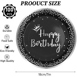 Kaxtde 100 Pieces Black and Silver Party Paper Plates, 7 Inch Disposable Dessert Plates with Foil Polka Dots, Happy Birthday Paper Plates for Party Supplies Decorations