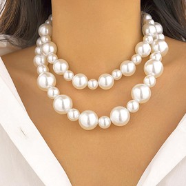 Retro Layered Large Pearl Choker Necklace Exaggerated Big Pearl Necklaces for Women Chunky Pearl Statement Bride Wedding Jewelry Gifts (D)