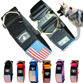 Tactical Dog Collar 2 Inch Wide Thick Heavy Duty Military Style with Metal Buckle, Adjustable for Medium - Large Breeds, Durable K9 Training Gear with Patch Area, USA Flag Patch, Strong and Secure Fit