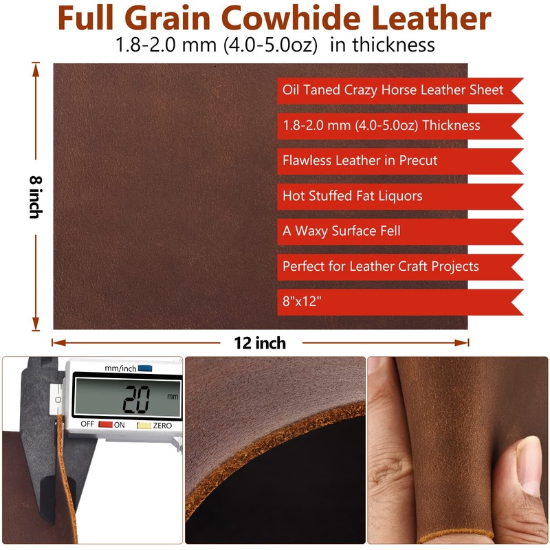 Genuine Leather Tooling Sheets 1.8-2.0MM Thick Full Grain Oil Tan