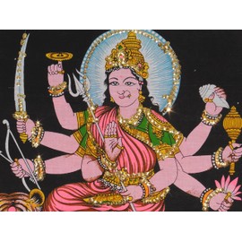 Pilgrims Fair Trade Sequin Cotton Shrine Picture Wall Art Hindu Goddess Durga Wall Hanging 43 x 56 cm