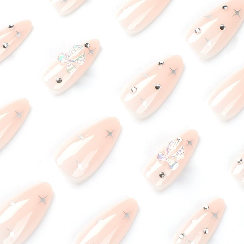 24pcs Medium Almond False Nails - Nude Rhinestone Butterfly &