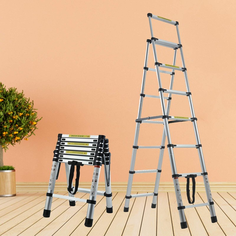 6+7 Step Ladder 6.3FT A-Frame Aluminum Telescoping Ladder Portable Multi-Purpose
