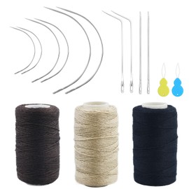 Needle and Thread Set Professional Hair Extension Tools Hair Weave Needle 12 pcs with 3 pcs Black Brown Beige Threads for Making Wig Sewing Hair Weft Hair Weave Braid Extension (Mixed Color)