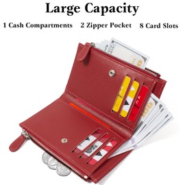 KOTORA Small Wallets for Women Leather RFID Blocking Bifold Zipper Coin Pocket Wallet Card Case Holder Minimalist Clutch Handbag Purse, Medium-Red, Bifold