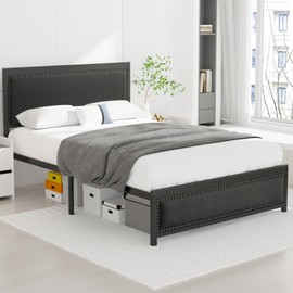 VECELO Full Size Bed Frame with Upholstered Headboard, Heavy-Duty Platform with Strong Metal Slats, No Box Spring Needed, Easy Assembly, Linen & Black