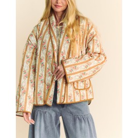 Meyhad Women’s Floral Quilted Jacket Lightweight Padded Outerwear Puffy Cardigan Coat with Pockets(0754-Yellow01-M)