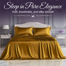 SLEEP SANCTUARY Satin Sheets Twin Size – 3 Piece Luxury Silky Bed Set, Softer Than Silk, 15" Deep Pocket, Cooling & Wrinkle-Free, Moisture-Wicking & Breathable for Hair & Skin (Striped Gold)