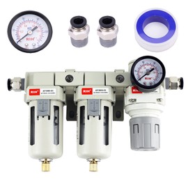 RIH Pneumatics DFR-03 3/8'' NPT Compressed Air Double Filter & Regulator, Air Drying System, Air Compressor Water Separator, Semi -Auto Drain, Poly Bowl,0-150 psi Gauge, 5 Micron Brass Element