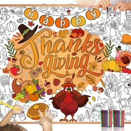 HOWAF Happy Thanksgiving Coloring Poster with 24 Paint Pens,Give Thanks Jumbo Paper Coloring Banner,Harvest Themed Giant Paper Coloring Tablecloth for Turkey Party Favors