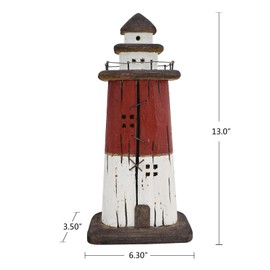 Linfevisi Wooden Lighthouse Decor Tabletop Nautical Decor Solid Wood Light Houses Statue Figurines Inside Standing Coastal Beach Ocean Sea Theme for Home Decor Bathroom (Red - 13 Inch Tall)