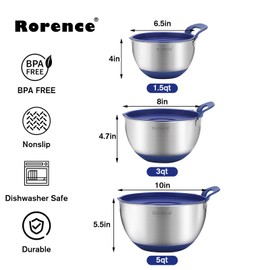 Rorence Stainless Steel Mixing Bowls: Stackable Mixing Bowl Set with Lids and Handles Non-slip Silicone Bottom Nesting Bowls for Kitchen Set of 3 - Blue
