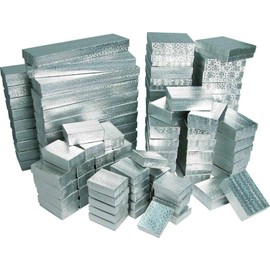 888 Display - Case of 100 Boxes of 3 1/2" x 3 1/2" x 1" SilverFoil Cotton Filled Jewelry Boxes