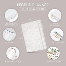Legend Fitness & Food Journal – Nutrition & Workout Planner with Exercise Calendar & Nutrient Tracker – Gym Training & Diet Log Book for Women & Men – Lasts 3 Months, 7.5”x10” (White)