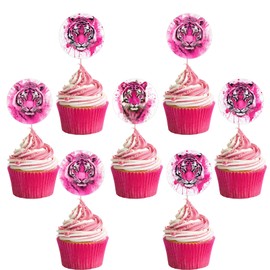 kreat4joy Tiger Birthday Decoration, 36pcs Tiger Cupcake Topper Pink Double-Sided Printing for Woodland Wild Jungle Safari Animal Baby Shower Gender Reveal Decoration