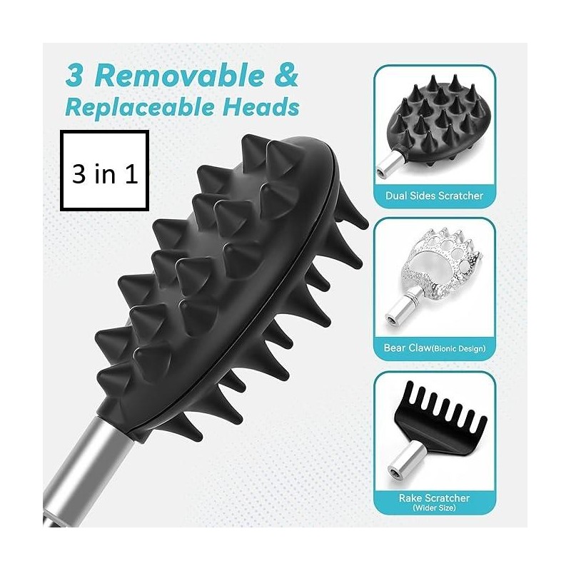 Telescoping Back Scratcher with 3Pcs Detachable Head, Stocking Stuffers Christmas