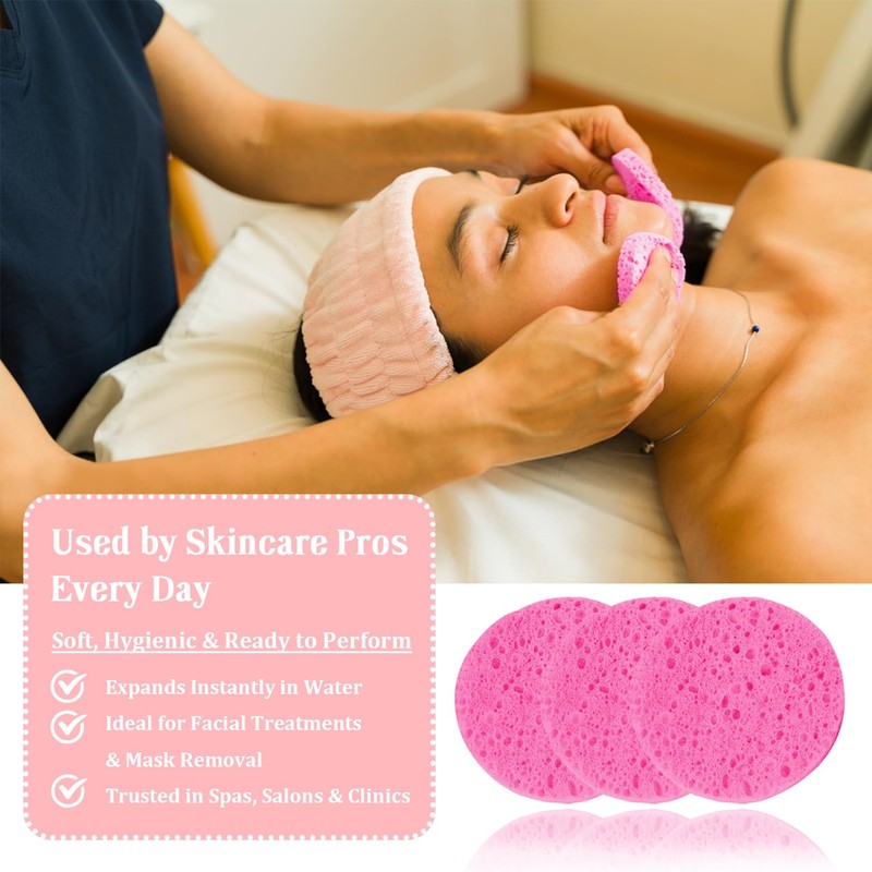 Spunspon 50-Count Facial Sponges, Compressed Natural Cellulose, Pink, Round Shape,