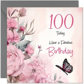 Female Special 100th Birthday Card - Beautiful Butterfly & Floral Pink Rose Birthday Card for 100 Year old nan gran hundredth hundred