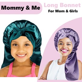 Long Kids Bonnets for Girls,Bonnet for Sleeping Kids,Satin Bonnet for Kids Braids,Curly Hair (Purple)