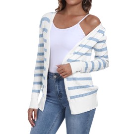 YUNDAI Womens Stripe Cardigans V Neck Long Sleeve Lightweight Button Down Jumpers Cardigan Ribbed Knit Spring Fall Tops Large, White Stripe Blue