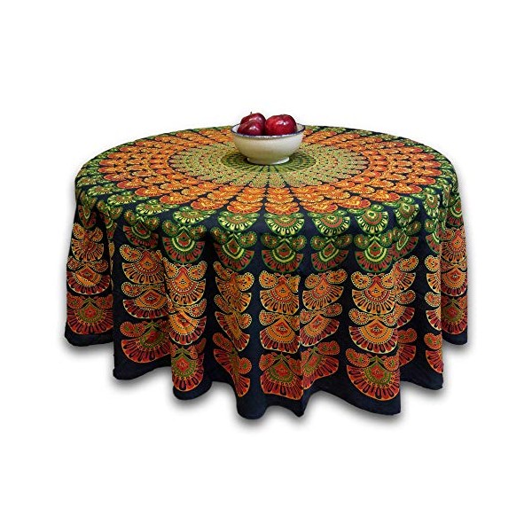 Handmade Cotton Sanganer Peacock Mandala Floral Tablecloth Round 72 Inch Green
