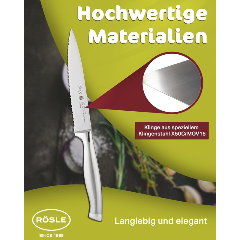 Rösle Basics Line Stainless Steel Serrated Universal Kitchen Knife, 5-inch