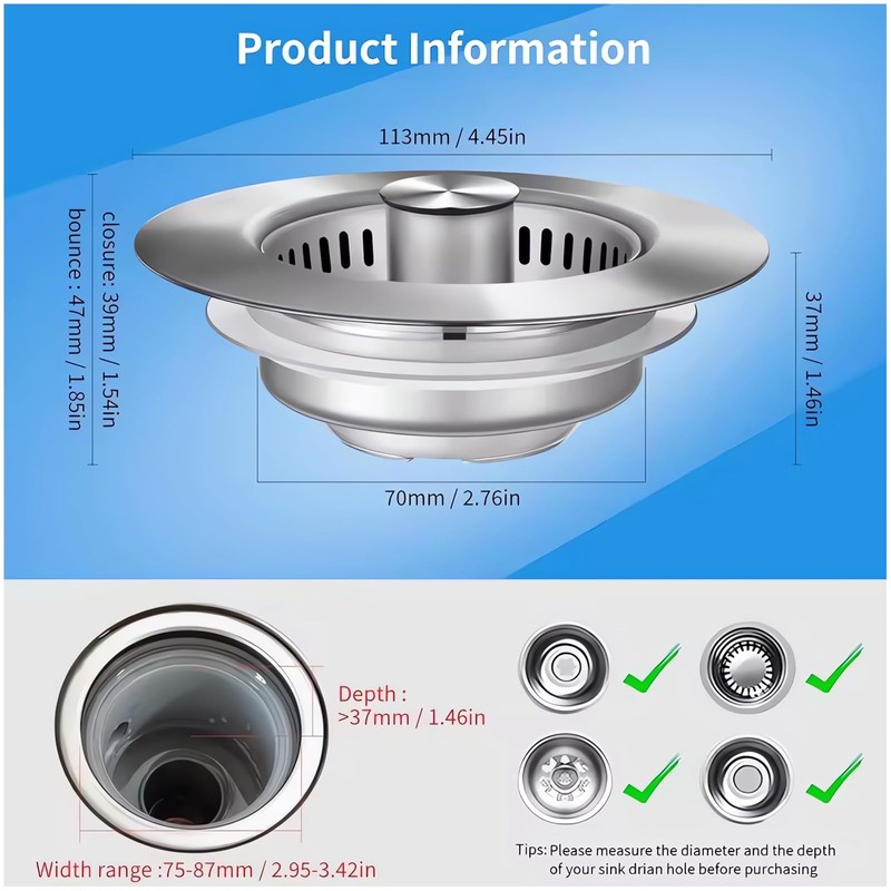 Naturezhen Universal 3-in-1 Kitchen Sink Drain Strainer, 304 All Stainless