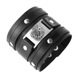 HZMAN Leather Bracelets for Men Viking Retro Wide Cuff Bracelet Black Leather Wristband Bracelet Jewelry Gift