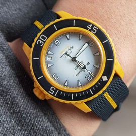 Ocdin 22 MM Watch Strap Replacement for Blancpain X Swatch with Hex Spanner Quick Release Silicone Watch Band Compatible with Bioceramic SCUBA Fifty Fathoms (22MM, Black-Yellow)