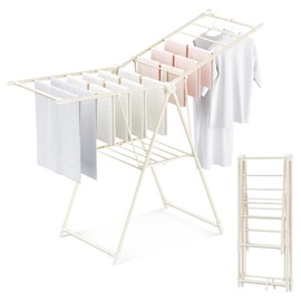 GameGem Clothes Drying Rack, Drying Rack Clothing, Foldable Laundry Drying Rack with 3 Heights-Adjustable, Sturdy Carbon Steel & Anti Slip Feet, Indoor Outdoor Use, Cream White