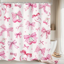 LIGHTINHOME Pink Cherry Bow Shower Curtain 60Wx72H Inches Girly Preppy Modern Fruit Fashion Pretty Sweet Aesthetic for Girls Teens Cloth Fabric Waterproof Polyester Bathroom Home Decor Set with Hooks