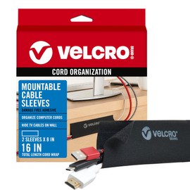 VELCRO Brand Mountable Cable Sleeve | Cord Management Mounts on Walls, Desk or Entertainment Center | Removable Adhesive is Damage Free | 8in Black, 2pk, 8in - 2Pk