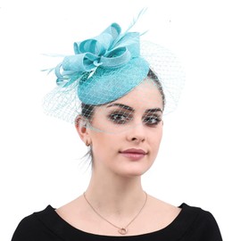 ORIDOOR Sinamay Fascinator Flower Feathers Pillbox Hat Headband Hair Clips for Derby Cocktail Wedding Tea Party Lake Blue,