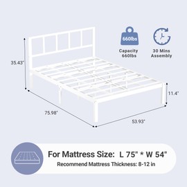Bamboonova Full Bed Frame with Headboard 14" Bamboo Wood Platform Beds with Non-Slip Slats Support, Under-Bed Storage, Heavy Duty Bed No Box Spring Needed 9 Sturdy Legs Noise Free, White