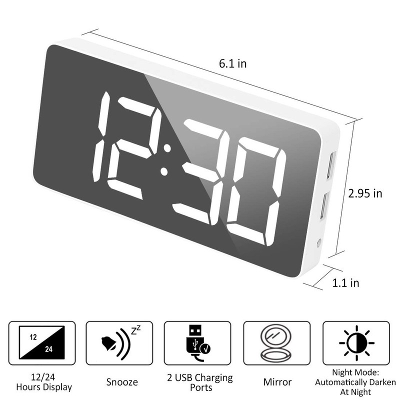 Digital Alarm Clock Large Mirrored LED Clock Snooze Function Dimming