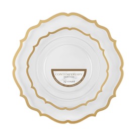 PLASTICPRO 32 Pack Elegant Disposable Plastic Plates Combo Set Includes 16 Dinner Plates and 16 Salad Plates Heavy Duty Fancy Party Plates Clear & Gold Contemporary Design