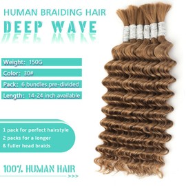 Human Braiding Hair for Boho Braids Human Hair 150g 24 Inch Curly Boho Hair for Braiding Knotless Bulk Human Hair for Braiding 12A Deep Wave Bohemian 6 Bundles/Pack Auburn Ginger 30#