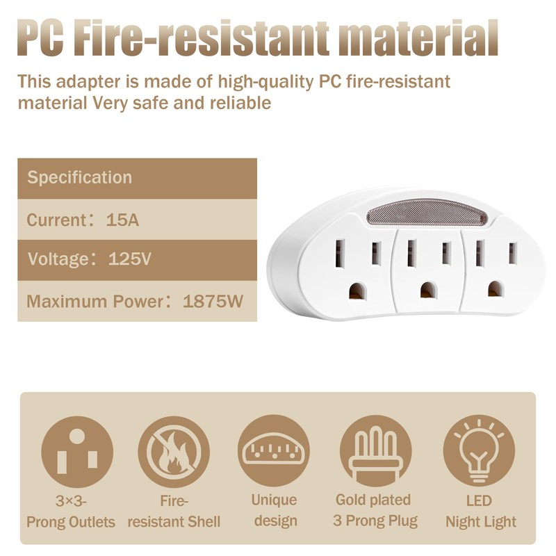 3-Prong 3-Outlet Plug Wall Mount Extender, 3-Prong to 3-Prong 3