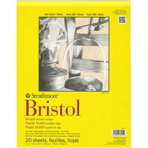 Strathmore 300 Series Bristol Paper Pad, Smooth, Tape Bound, 11x14 inches, 20 Sheets (100lb/270g) - Artist Paper for Adults and Students - Markers, Pen and Ink