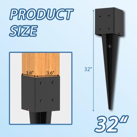 4 Pack 4x4 Fence Post Anchor Ground Spike – Heavy Duty 32" Metal Post Base (Fit 3.6"x3.6") Black Powder-Coated for Mailbox, Deck, Fence, Railing