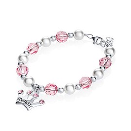 Luxury White Simulated Pearls Pink Pave Beads and Crystals with Sterling Silver Princess Crown Charm Baby Girl Bracelet (B139_S)