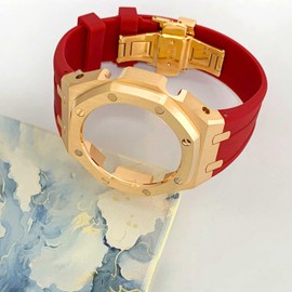 Ga2100 Band Case Strap Mod Kit,Pink Gold Stainless Steel Metal Case Bezel 9 match Color Silicone Band Strap Parts Compatible With Casio G shock Ga-2100 Ga-2110 GAB-2100 (Red Silicone Band)