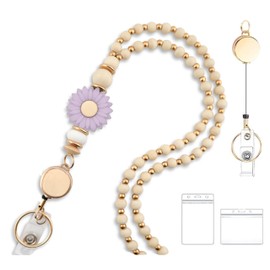 MyfavoriteK Badge Reel Flower Wooden Teacher Lanyards for Id Badge Cute Beaded Lanyards for Women for Student Nurse, Purple, Medium