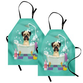 Lunarable Cartoon Apron Pack of 2, Pug Dog in Bathtub Grooming Salon Service Shampoo Rubber Duck Pets in Style Image, Unisex Kitchen Bib with Adjustable Neck, 2 Pcs - Adult Size, Teal