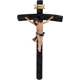 Kaltner Präsente Geschenkidee: 15 cm Wandkreuz Kruzifix aus Holz Fichte schwarz gebeizt - Handgemalte Jesus Christus Figur aus hochwertigen Kunstguss aus Resin – Dekoration