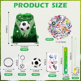 132Pcs Soccer Party Favors,12Pcs Soccer Drawstring Bags,12Pcs 2.4 Inch Mini Soccer with Soccer Keychains Stickers Bracelet Whistle Slap Bracelets Tattoo Stickers for Soccer Party Decorations Supplies
