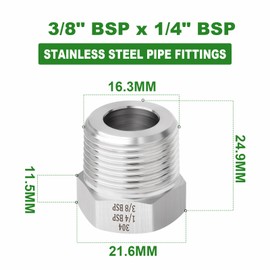 TAISHER 2 Pcs Forging of 304 Stainless Steel Reducer Hex Bushing, 3/8" Male BSP to 1/4" Female BSP, Reducing Forging Pipe Adapter Fitting, for Water Oill Air Gas
