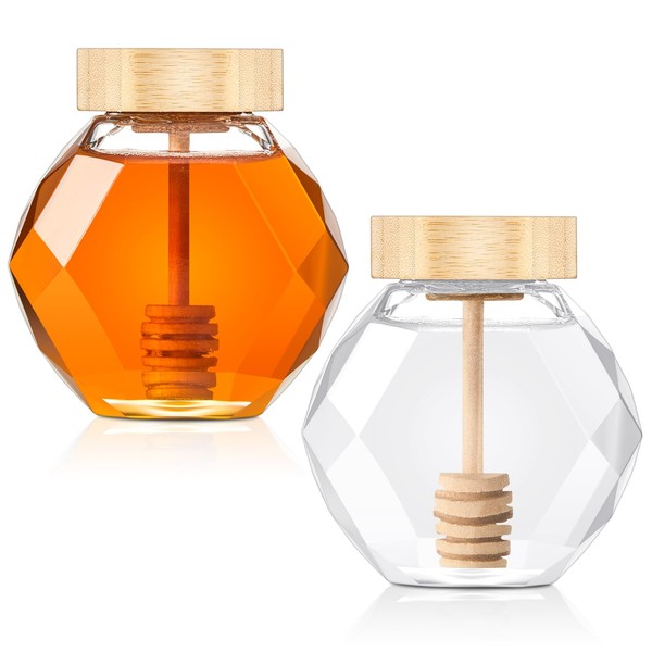 Umigy 2 Pcs 8 oz Glass Honey Dispenser with Wooden Spiral Drip Dipper Clear Hexagon Shape Small Honey Container with Dipper and Lid for Home Storage Syrup Kitchen